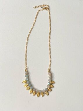 Gold Leaf Necklace with Light Blue Beads